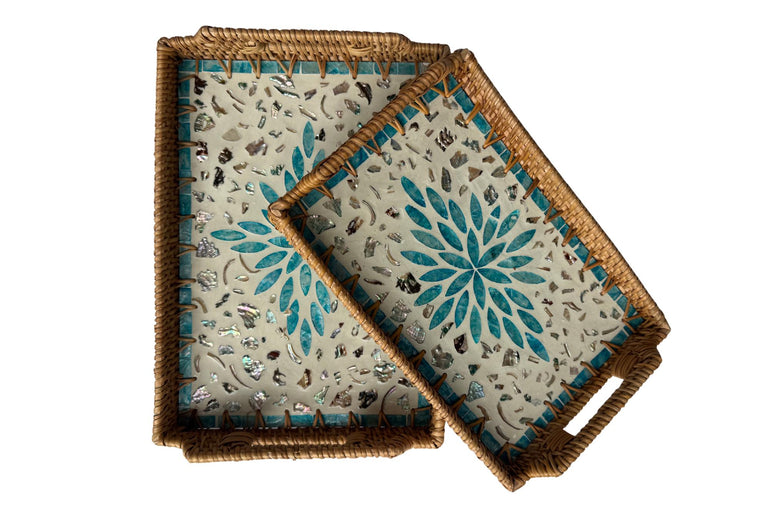 Rectangular Rattan Serving Tray with Handles, Mother of Pearl Inlay Wicker Tray for Coffee Table, Kitchen Organizer, Boho Home Decor Gift 99