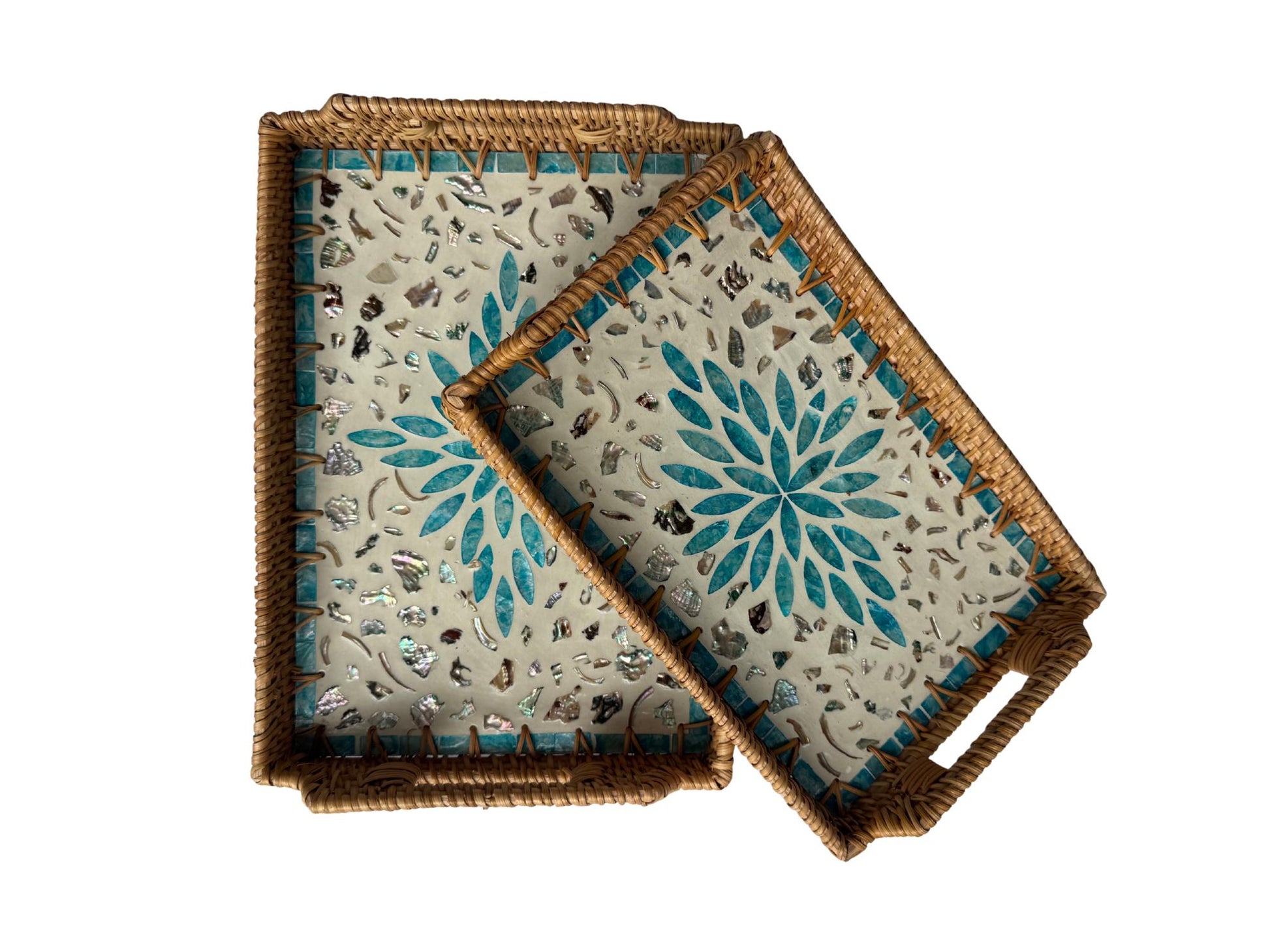 Rectangular Rattan Serving Tray with Handles, Mother of Pearl Inlay Wicker Tray for Coffee Table, Kitchen Organizer, Boho Home Decor Gift 99