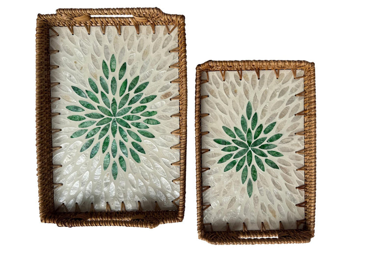 Rectangular Rattan Serving Tray with Handles, Mother of Pearl Inlay Wicker Tray for Coffee Table, Kitchen Organizer, Boho Home Decor Gift 86