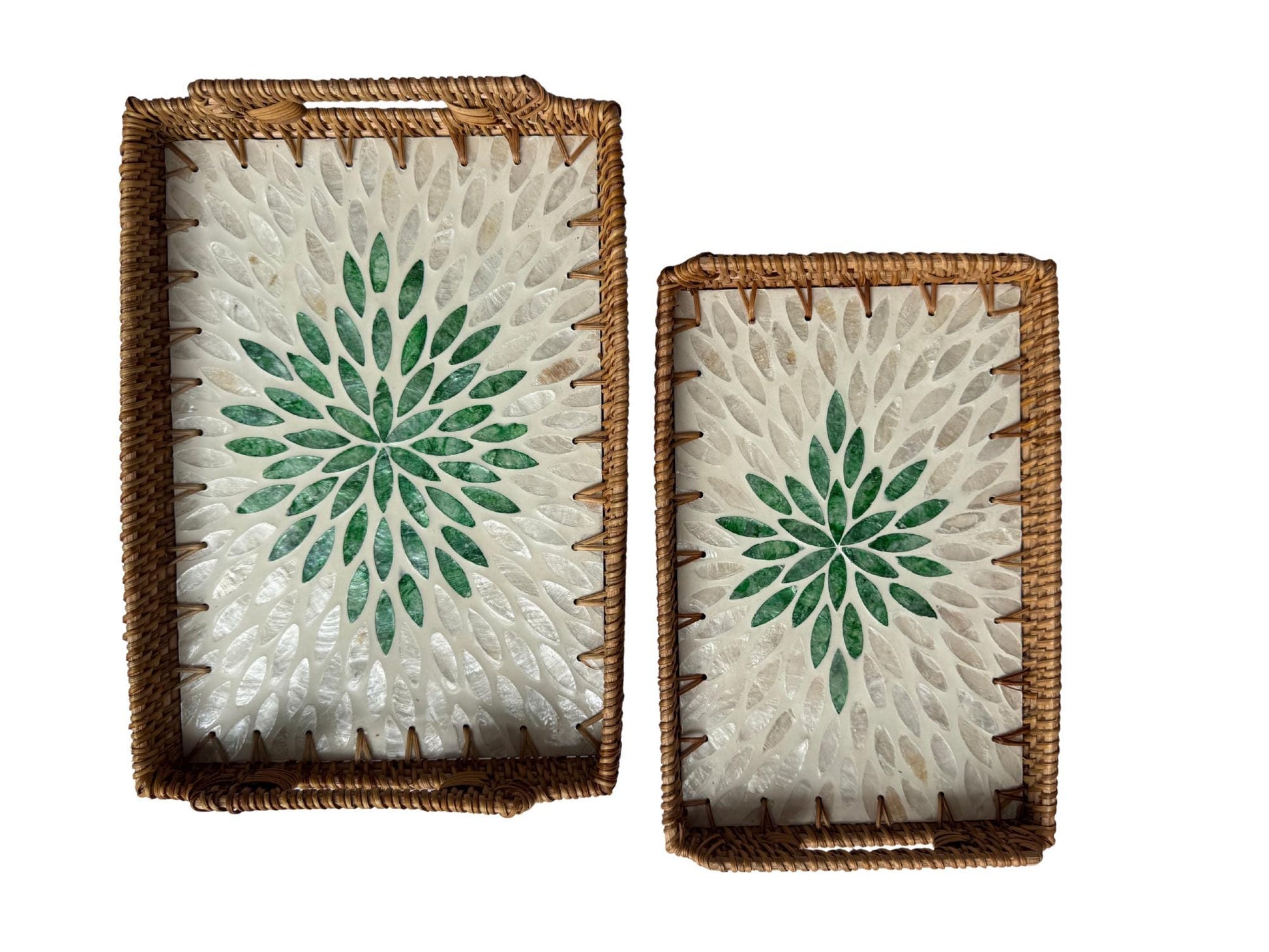 Rectangular Rattan Serving Tray with Handles, Mother of Pearl Inlay Wicker Tray for Coffee Table, Kitchen Organizer, Boho Home Decor Gift 86