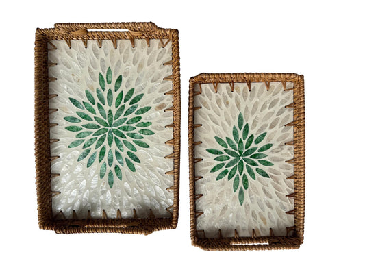 Rectangular Rattan Serving Tray with Handles, Mother of Pearl Inlay Wicker Tray for Coffee Table, Kitchen Organizer, Boho Home Decor Gift 86