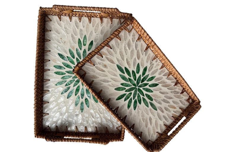 Rectangular Rattan Serving Tray with Handles, Mother of Pearl Inlay Wicker Tray for Coffee Table, Kitchen Organizer, Boho Home Decor Gift 86