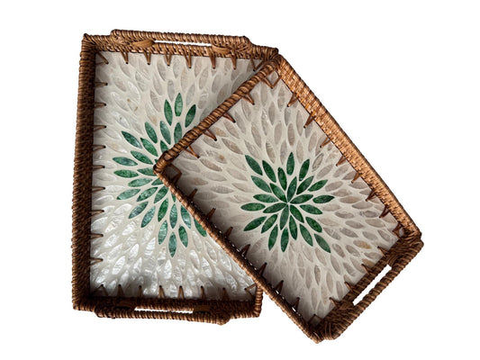 Rectangular Rattan Serving Tray with Handles, Mother of Pearl Inlay Wicker Tray for Coffee Table, Kitchen Organizer, Boho Home Decor Gift 86