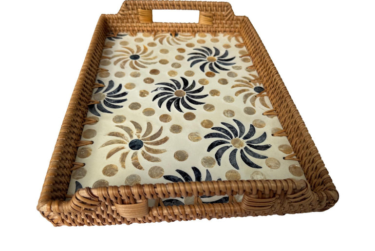 Rectangular Rattan Serving Tray with Handles, Mother of Pearl Inlay Wicker Tray for Coffee Table, Kitchen Organizer, Boho Home Decor Gift 85