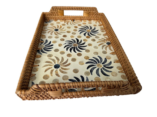 Rectangular Rattan Serving Tray with Handles, Mother of Pearl Inlay Wicker Tray for Coffee Table, Kitchen Organizer, Boho Home Decor Gift 85