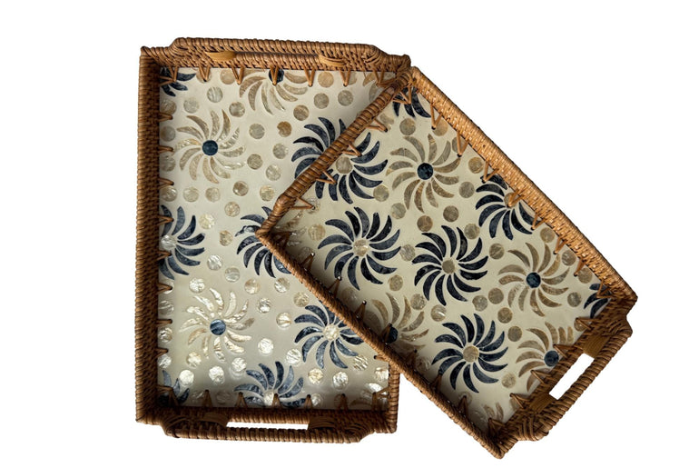 Rectangular Rattan Serving Tray with Handles, Mother of Pearl Inlay Wicker Tray for Coffee Table, Kitchen Organizer, Boho Home Decor Gift 85