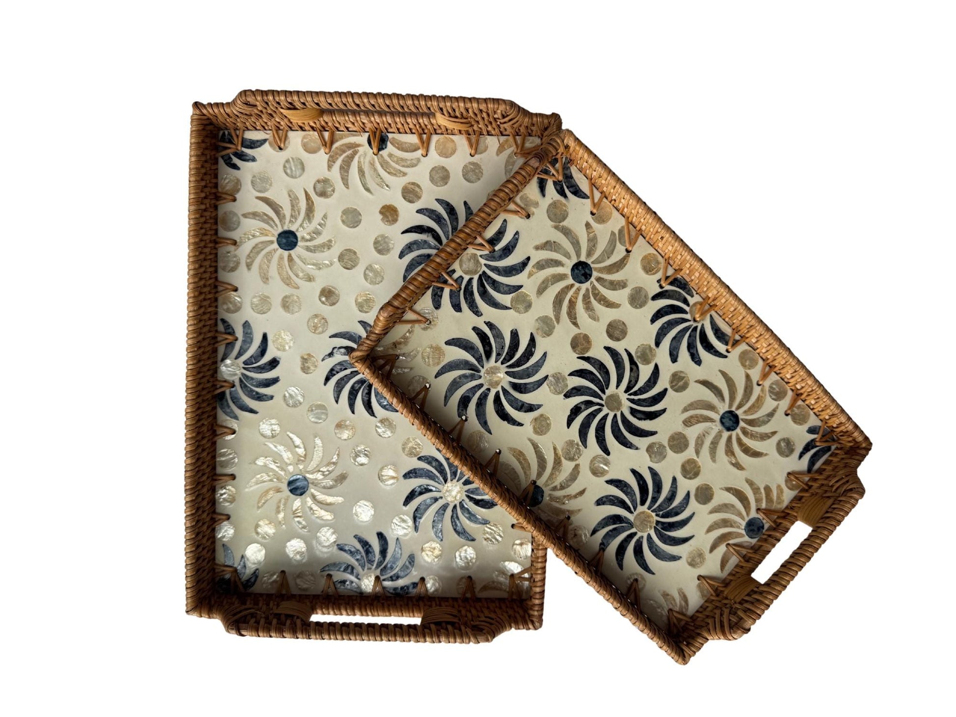 Rectangular Rattan Serving Tray with Handles, Mother of Pearl Inlay Wicker Tray for Coffee Table, Kitchen Organizer, Boho Home Decor Gift 85