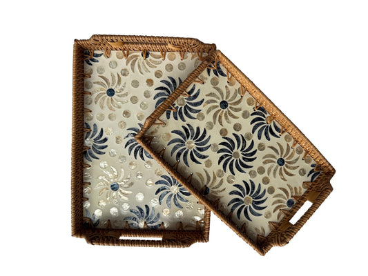 Rectangular Rattan Serving Tray with Handles, Mother of Pearl Inlay Wicker Tray for Coffee Table, Kitchen Organizer, Boho Home Decor Gift 85