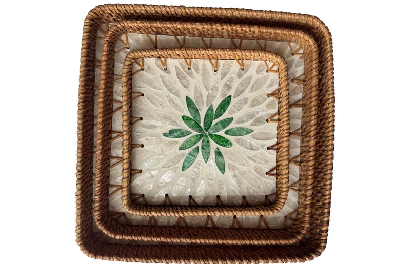 Square Rattan Tray with Mother of Pearl Inlay Base, Handmade Woven Serving Tray, Boho Coastal Coffee Table Decor 127