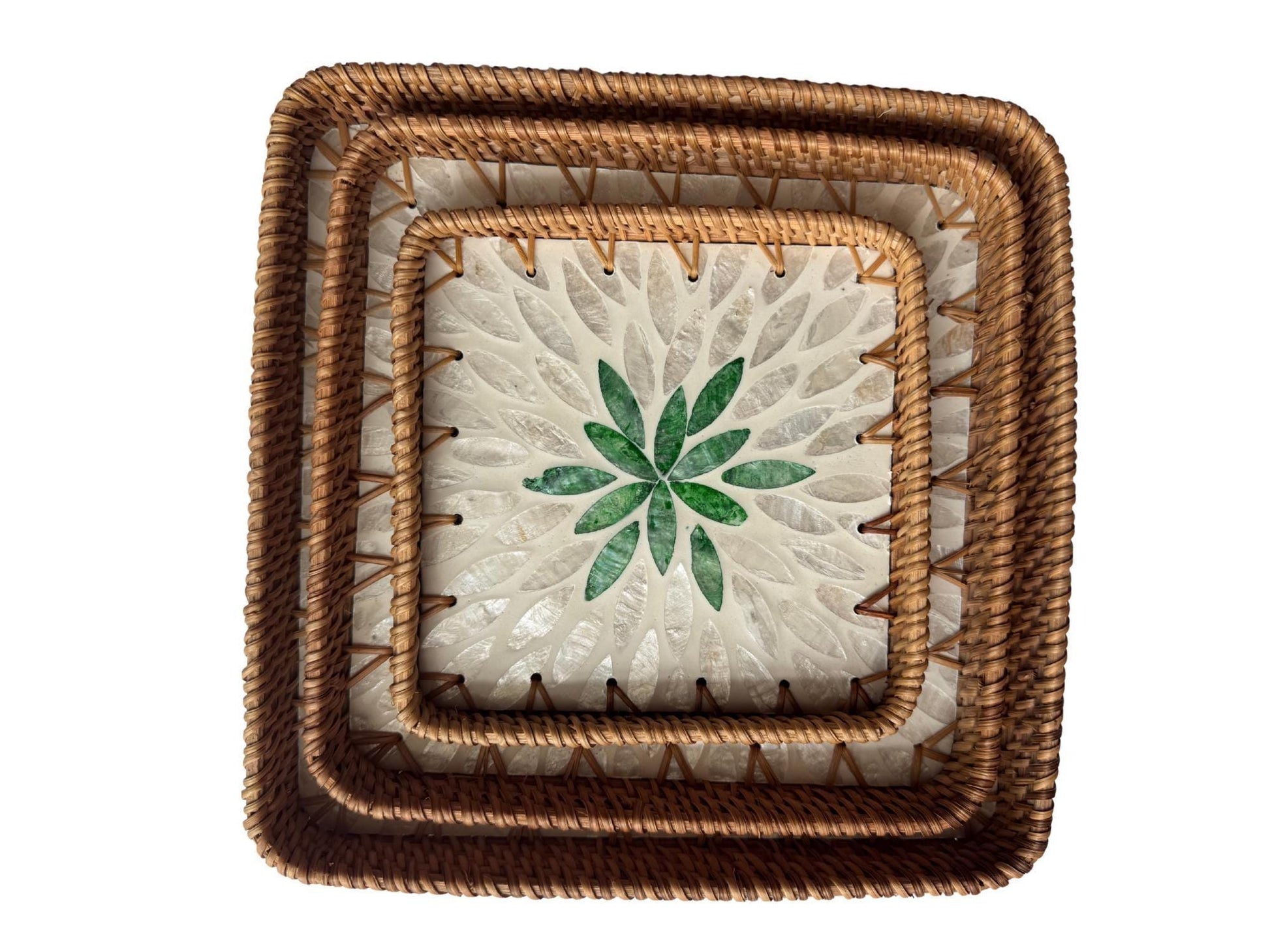 Square Rattan Tray with Mother of Pearl Inlay Base, Handmade Woven Serving Tray, Boho Coastal Coffee Table Decor 127