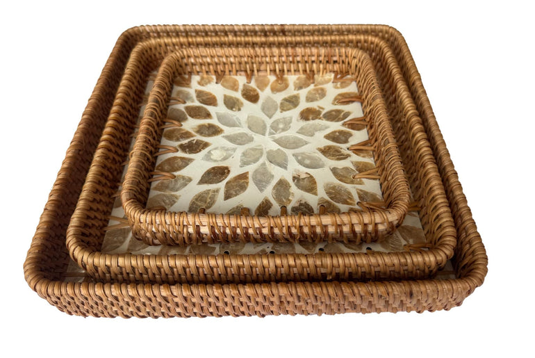 Square Rattan Tray with Mother of Pearl Inlay Base, Handmade Woven Serving Tray, Boho Coastal Coffee Table Decor 124