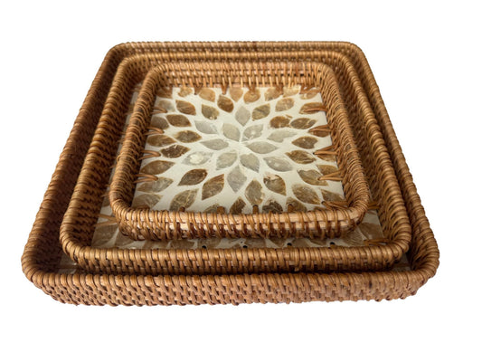 Square Rattan Tray with Mother of Pearl Inlay Base, Handmade Woven Serving Tray, Boho Coastal Coffee Table Decor 124