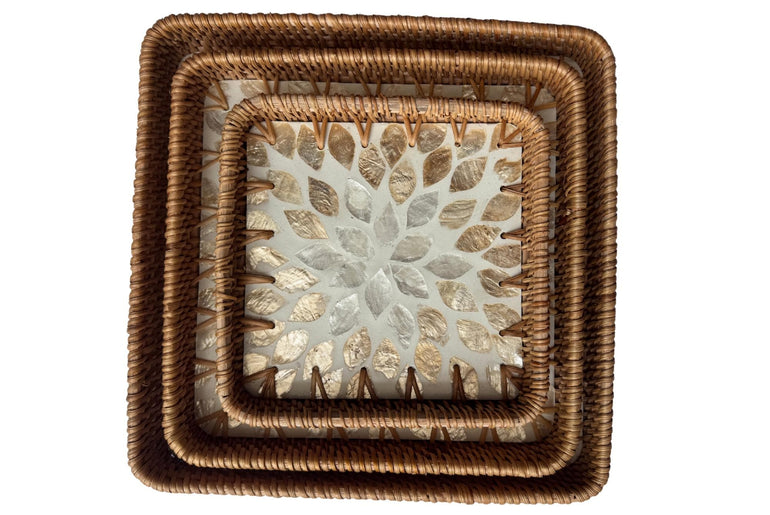 Square Rattan Tray with Mother of Pearl Inlay Base, Handmade Woven Serving Tray, Boho Coastal Coffee Table Decor 124