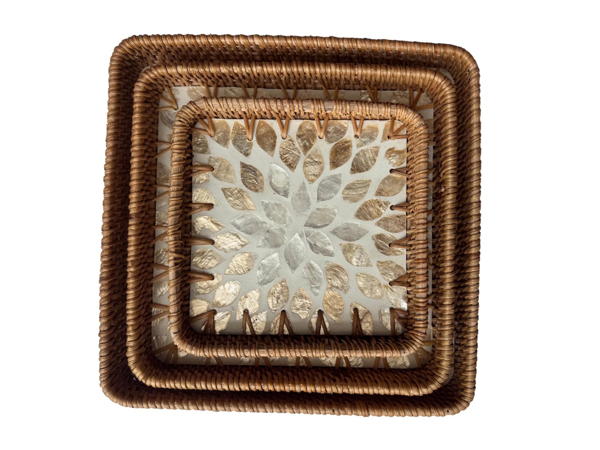 Square Rattan Tray with Mother of Pearl Inlay Base, Handmade Woven Serving Tray, Boho Coastal Coffee Table Decor 124