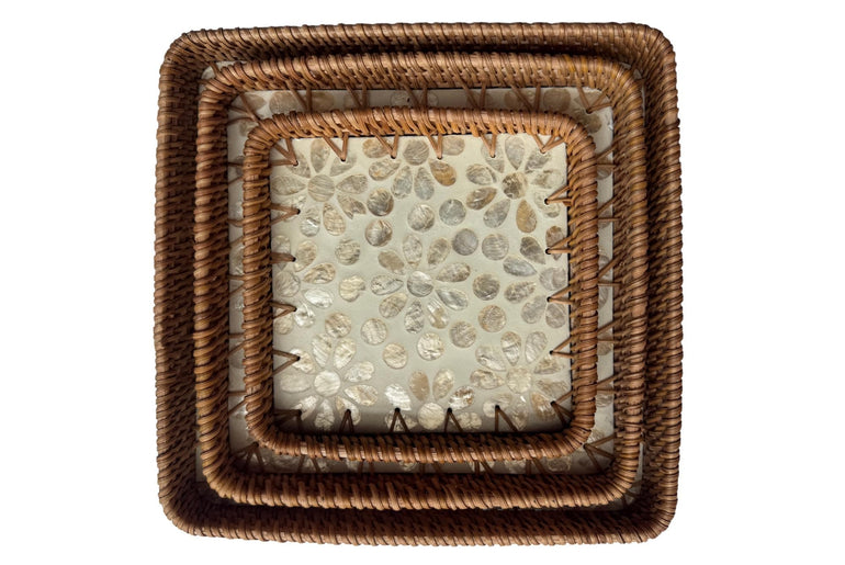 Square Rattan Tray with Mother of Pearl Inlay Base, Handmade Woven Serving Tray, Boho Coastal Coffee Table Decor 150