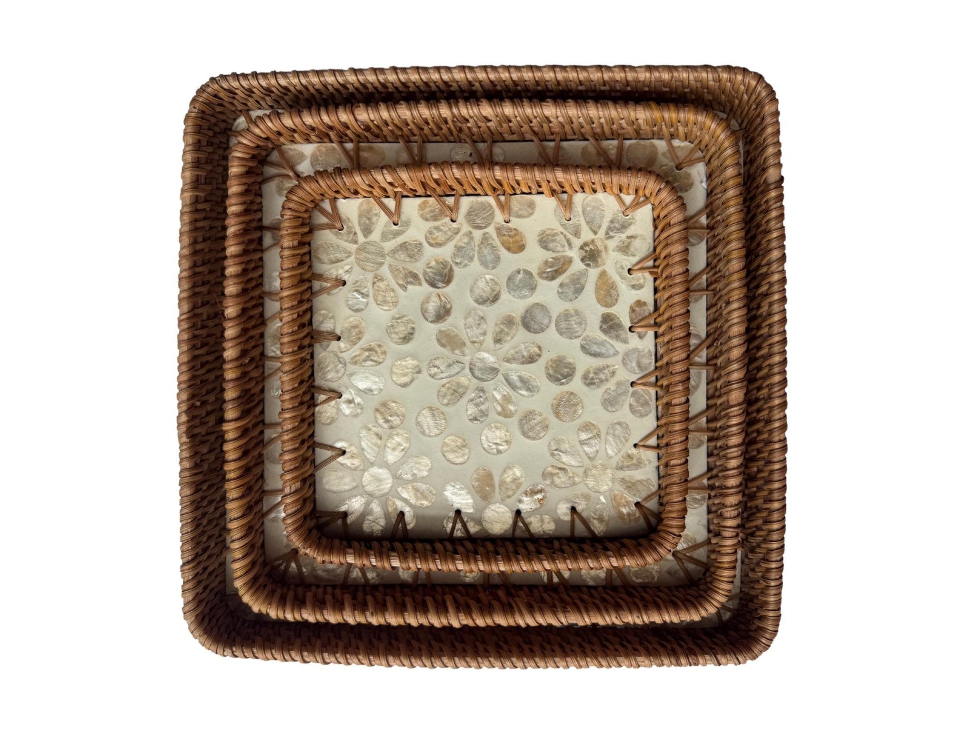 Square Rattan Tray with Mother of Pearl Inlay Base, Handmade Woven Serving Tray, Boho Coastal Coffee Table Decor 150