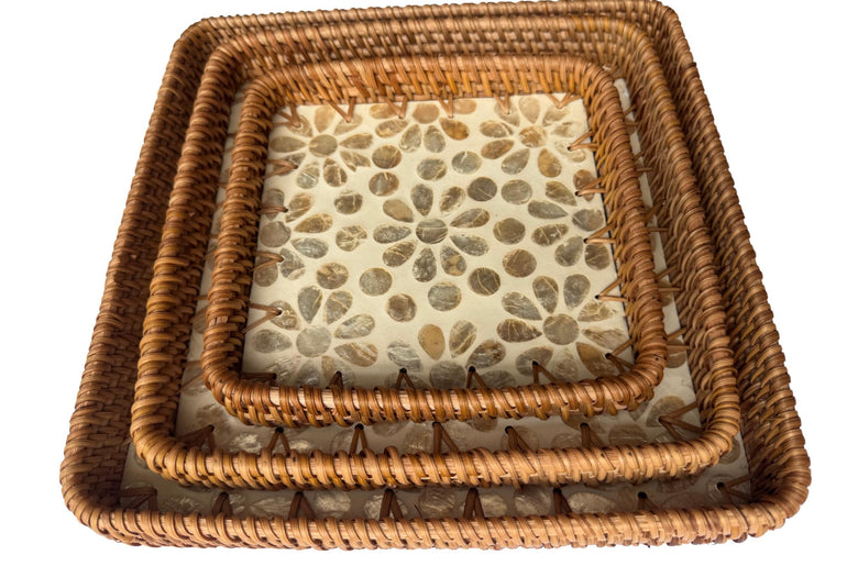 Square Rattan Tray with Mother of Pearl Inlay Base, Handmade Woven Serving Tray, Boho Coastal Coffee Table Decor 150