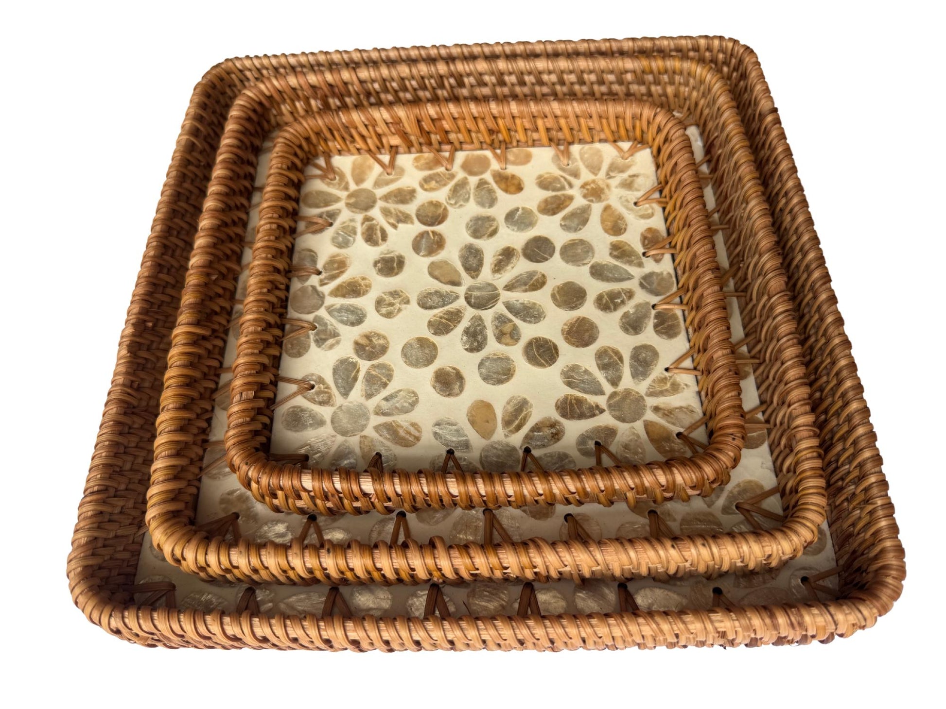 Square Rattan Tray with Mother of Pearl Inlay Base, Handmade Woven Serving Tray, Boho Coastal Coffee Table Decor 150