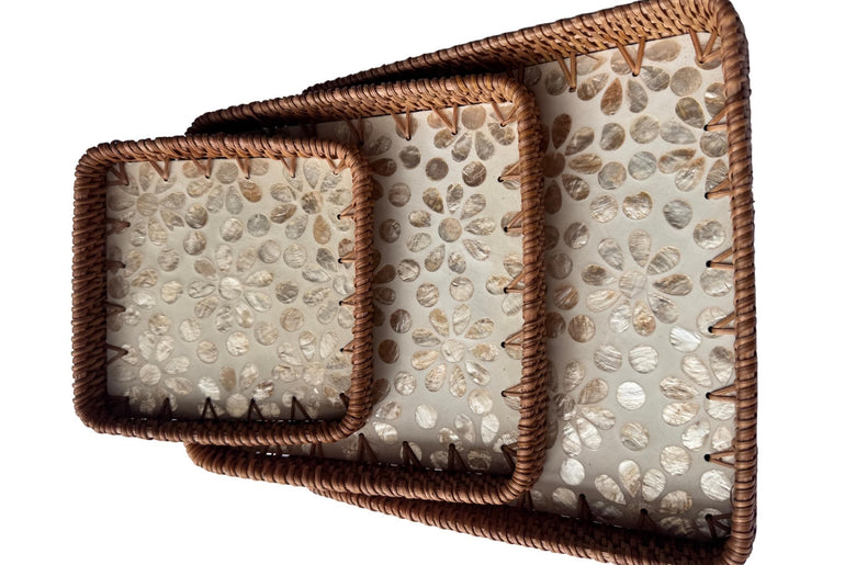 Square Rattan Tray with Mother of Pearl Inlay Base, Handmade Woven Serving Tray, Boho Coastal Coffee Table Decor 150