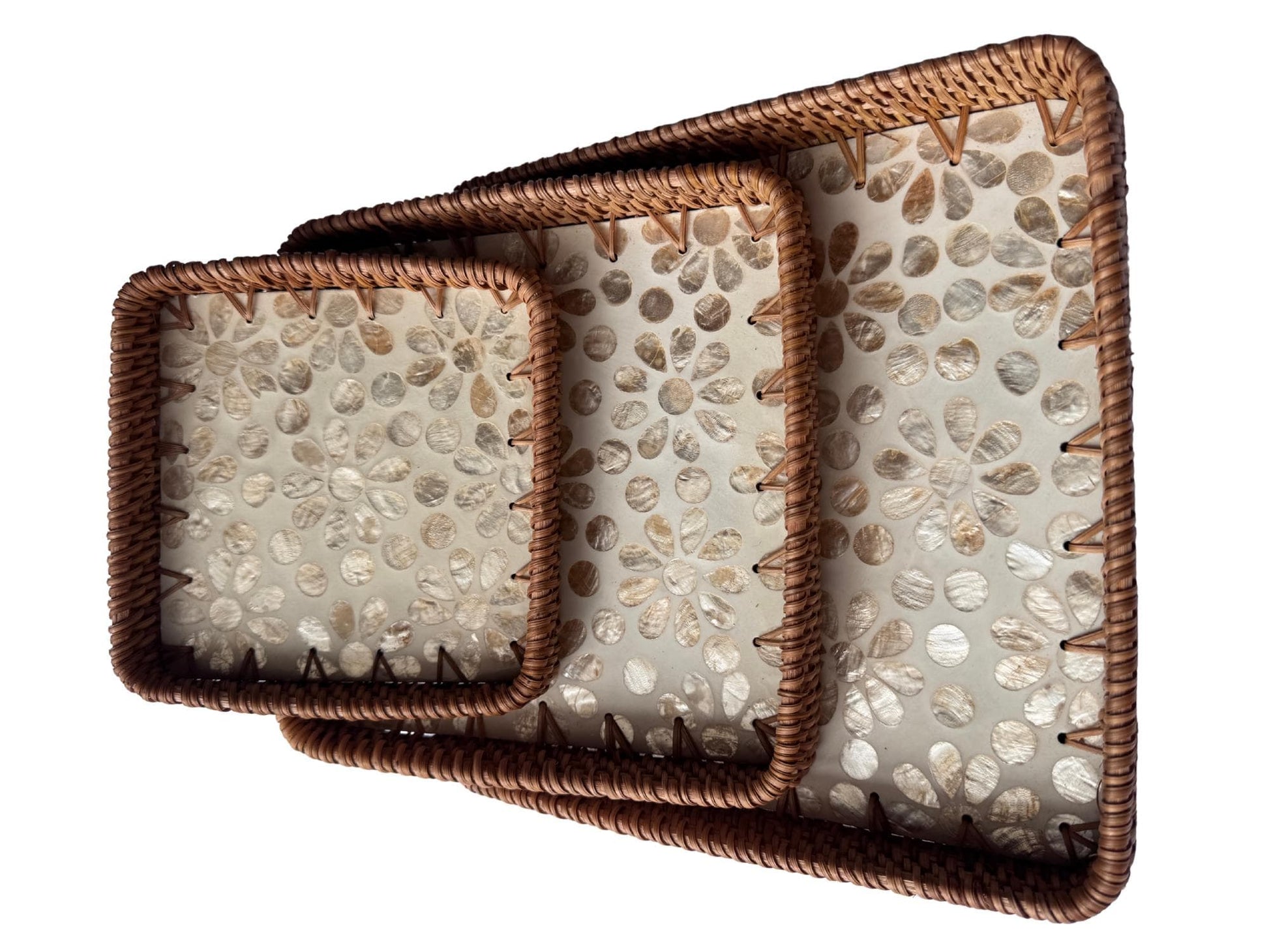 Square Rattan Tray with Mother of Pearl Inlay Base, Handmade Woven Serving Tray, Boho Coastal Coffee Table Decor 150