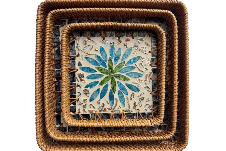 Square Rattan Tray with Mother of Pearl Inlay Base, Handmade Woven Serving Tray, Boho Coastal Coffee Table Decor 106