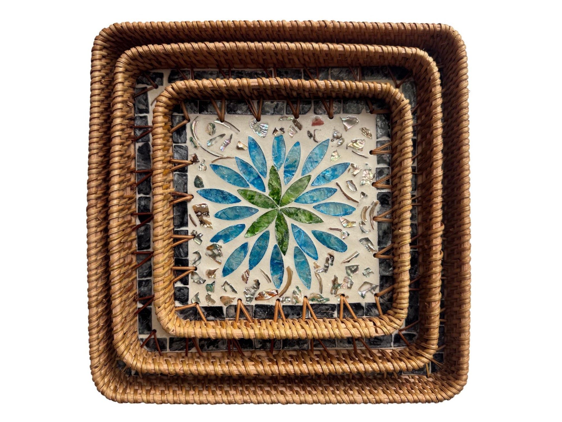 Square Rattan Tray with Mother of Pearl Inlay Base, Handmade Woven Serving Tray, Boho Coastal Coffee Table Decor 106
