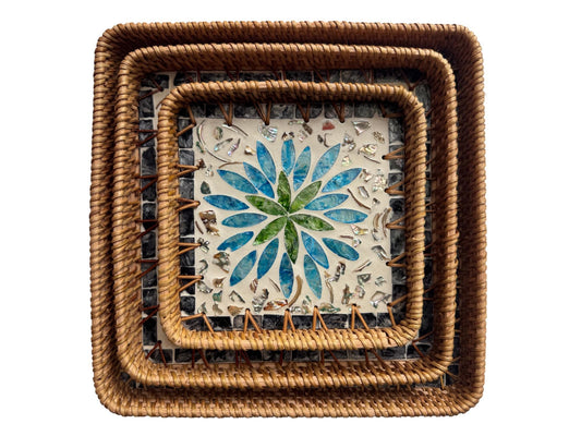 Square Rattan Tray with Mother of Pearl Inlay Base, Handmade Woven Serving Tray, Boho Coastal Coffee Table Decor 106