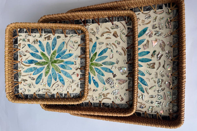 Square Rattan Tray with Mother of Pearl Inlay Base, Handmade Woven Serving Tray, Boho Coastal Coffee Table Decor 106