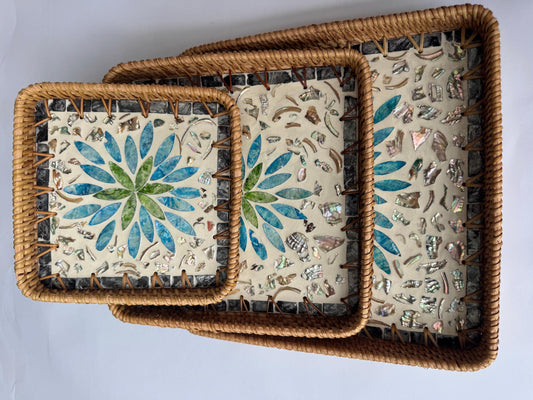 Square Rattan Tray with Mother of Pearl Inlay Base, Handmade Woven Serving Tray, Boho Coastal Coffee Table Decor 106