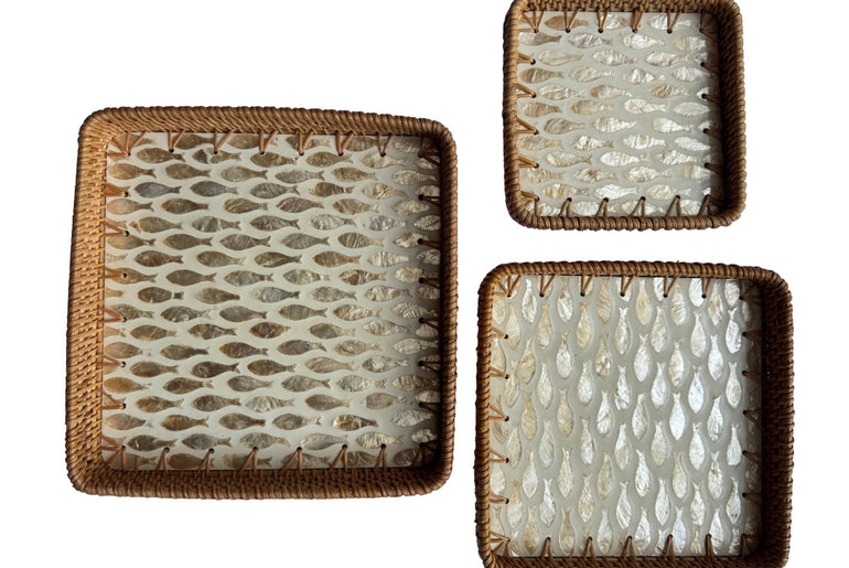 Square Rattan Tray with Mother of Pearl Inlay Base, Handmade Woven Serving Tray, Boho Coastal Coffee Table Decor 159