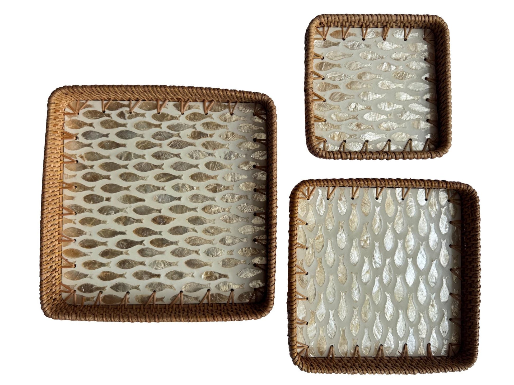 Square Rattan Tray with Mother of Pearl Inlay Base, Handmade Woven Serving Tray, Boho Coastal Coffee Table Decor 159