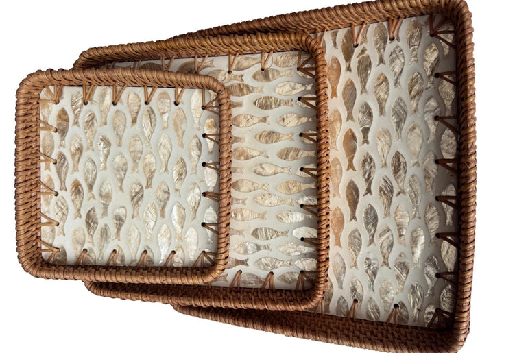 Square Rattan Tray with Mother of Pearl Inlay Base, Handmade Woven Serving Tray, Boho Coastal Coffee Table Decor 159