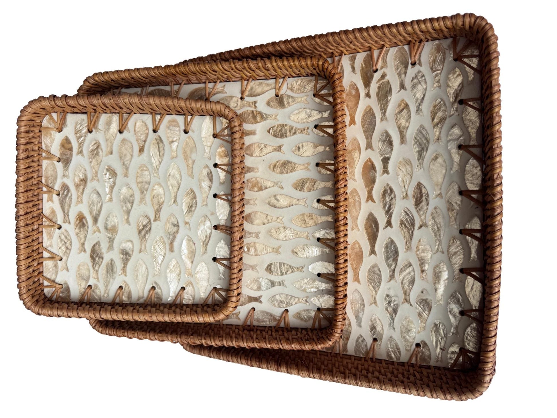 Square Rattan Tray with Mother of Pearl Inlay Base, Handmade Woven Serving Tray, Boho Coastal Coffee Table Decor 159
