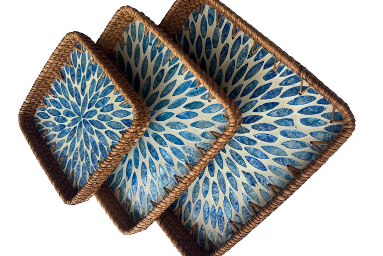 Square Rattan Tray with Mother of Pearl Inlay Base, Handmade Woven Serving Tray, Boho Coastal Coffee Table Decor 126
