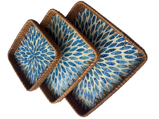 Square Rattan Tray with Mother of Pearl Inlay Base, Handmade Woven Serving Tray, Boho Coastal Coffee Table Decor 126