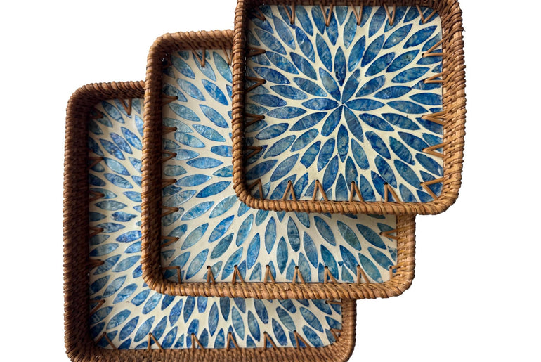 Square Rattan Tray with Mother of Pearl Inlay Base, Handmade Woven Serving Tray, Boho Coastal Coffee Table Decor