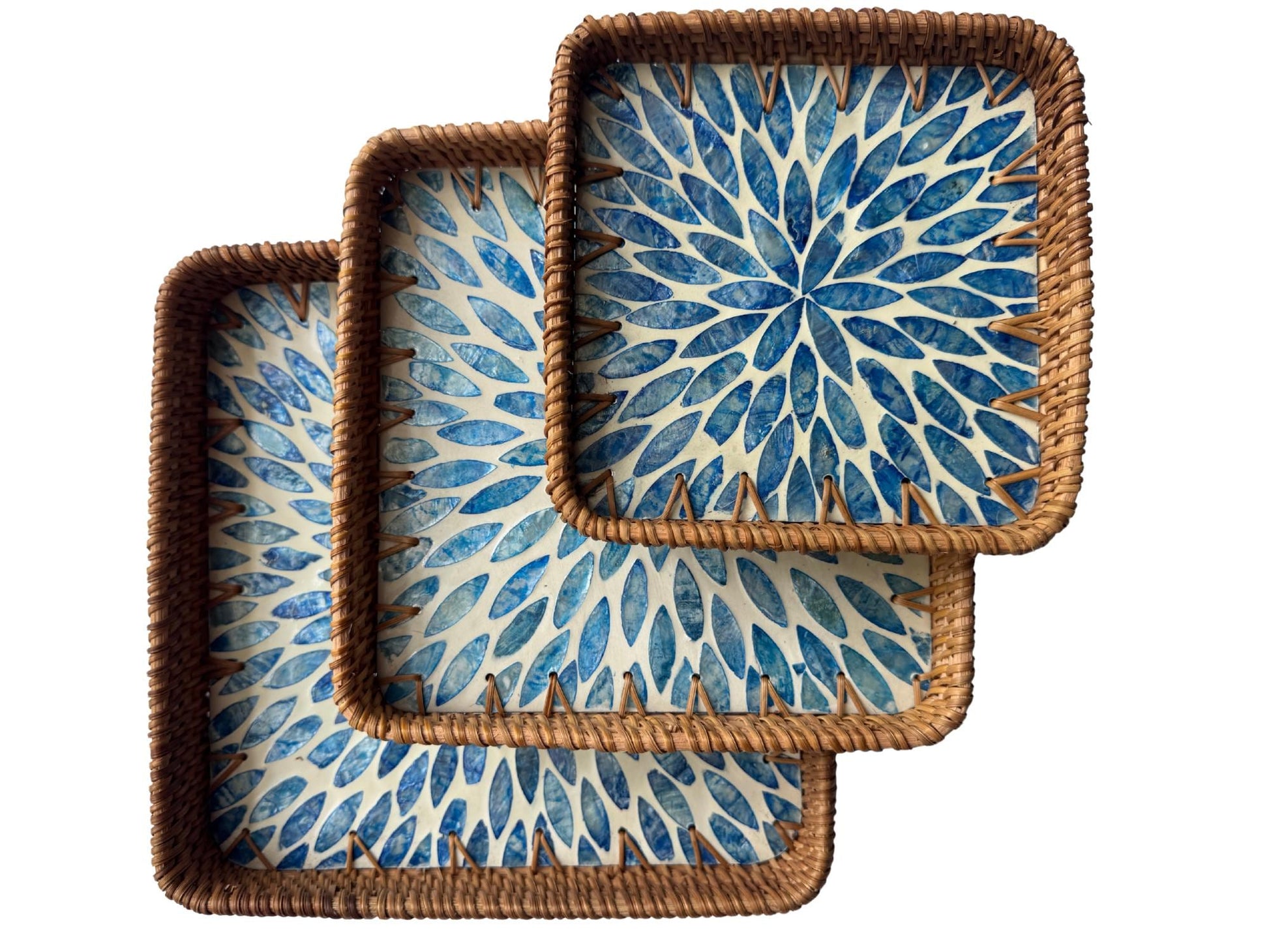 Square Rattan Tray with Mother of Pearl Inlay Base, Handmade Woven Serving Tray, Boho Coastal Coffee Table Decor