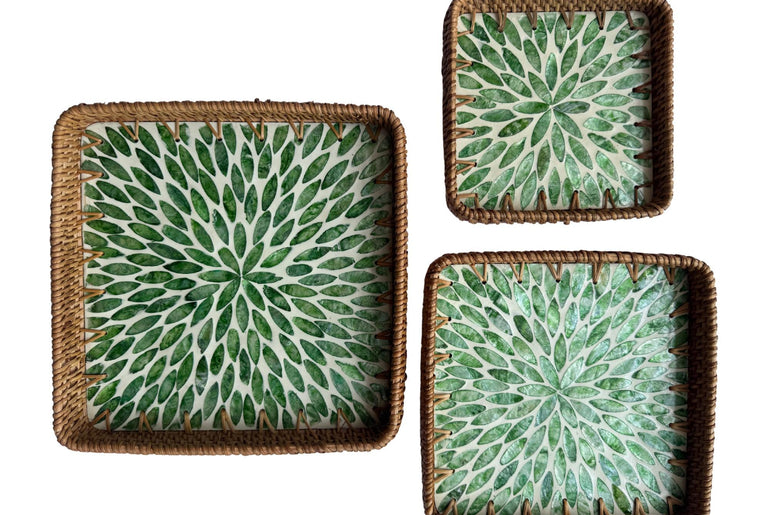 Square Rattan Tray with Mother of Pearl Inlay Base, Handmade Woven Serving Tray, Boho Coastal Coffee Table Decor 123