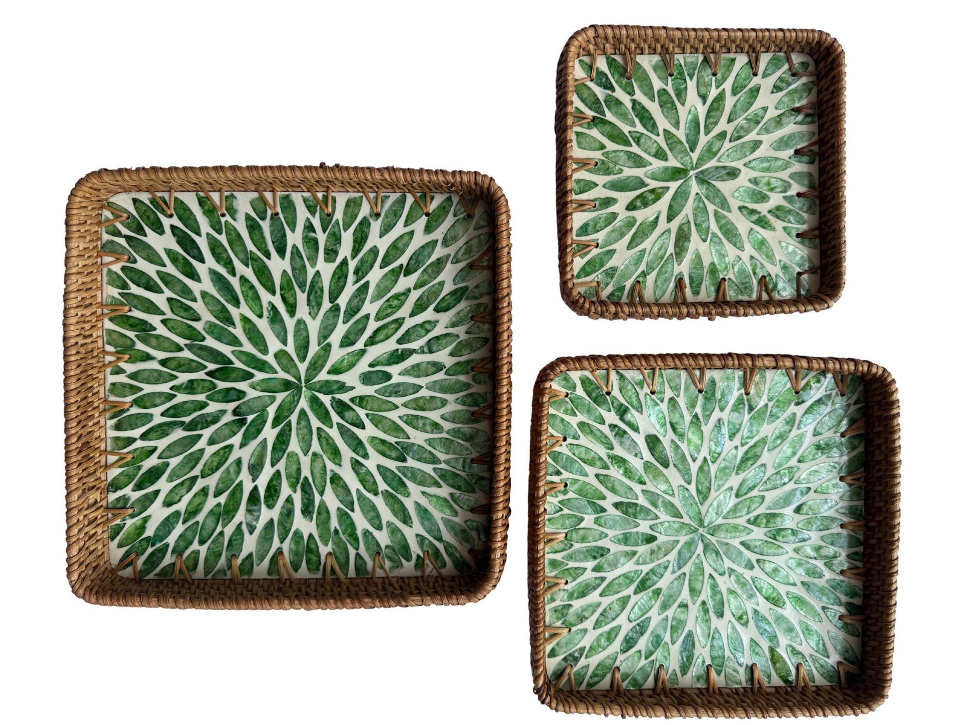 Square Rattan Tray with Mother of Pearl Inlay Base, Handmade Woven Serving Tray, Boho Coastal Coffee Table Decor 123