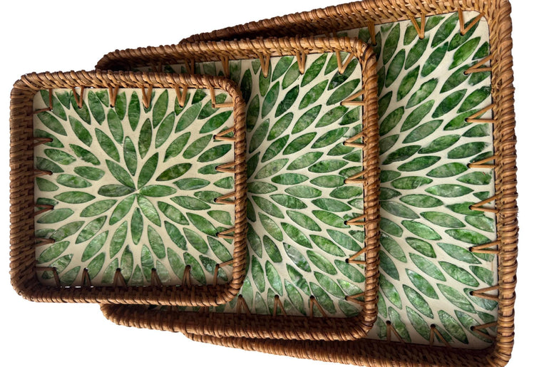 Square Rattan Tray with Mother of Pearl Inlay Base, Handmade Woven Serving Tray, Boho Coastal Coffee Table Decor 123
