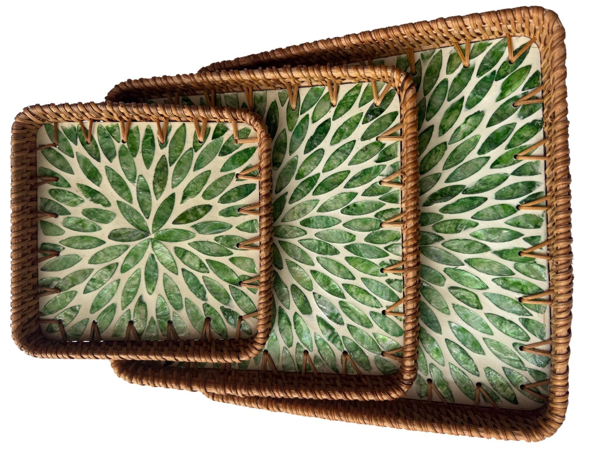 Square Rattan Tray with Mother of Pearl Inlay Base, Handmade Woven Serving Tray, Boho Coastal Coffee Table Decor 123