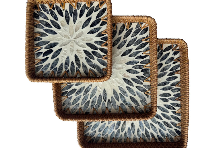 Square Rattan Tray with Mother of Pearl Inlay Base, Handmade Woven Serving Tray, Boho Coastal Coffee Table Decor