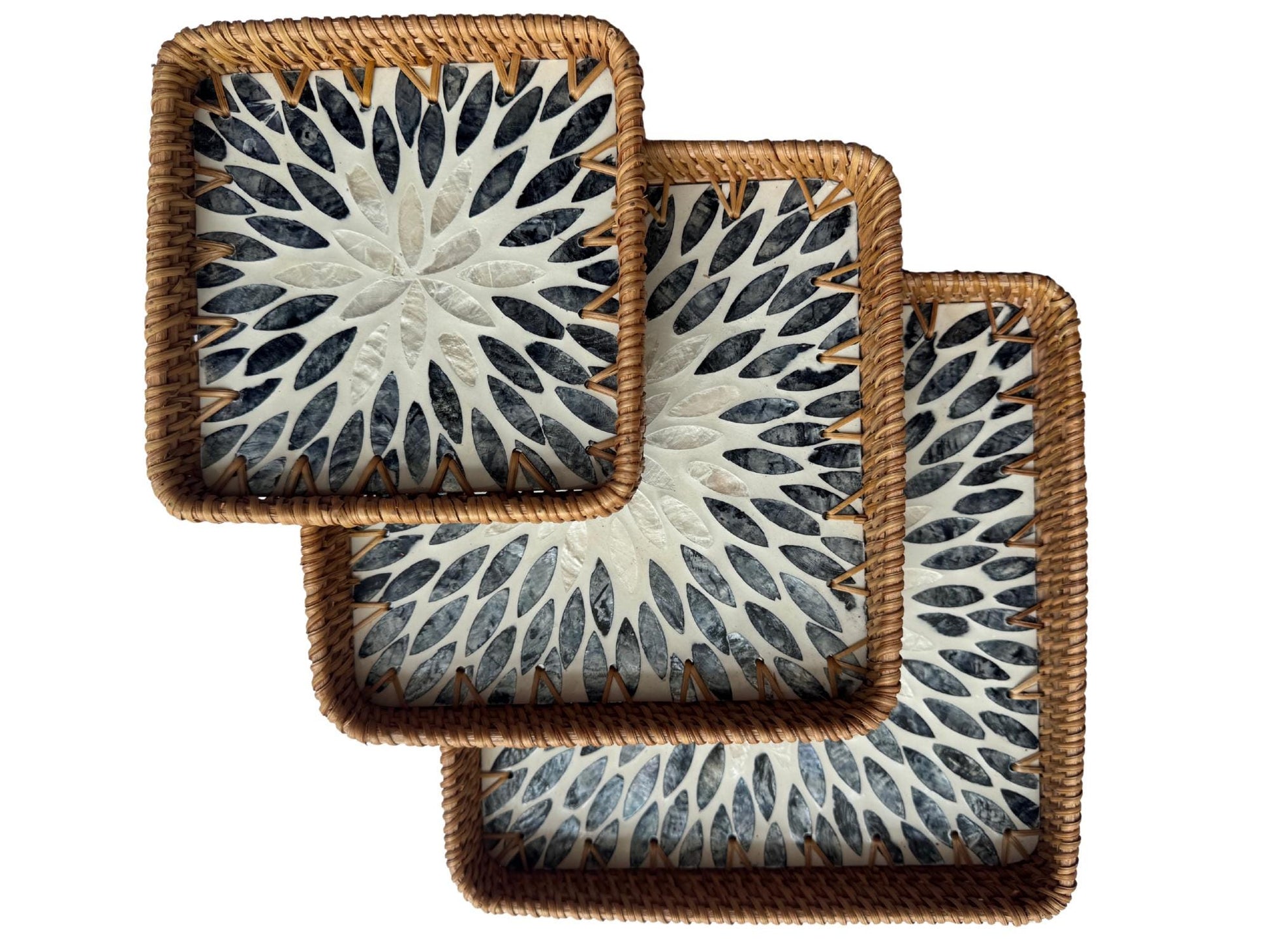 Square Rattan Tray with Mother of Pearl Inlay Base, Handmade Woven Serving Tray, Boho Coastal Coffee Table Decor
