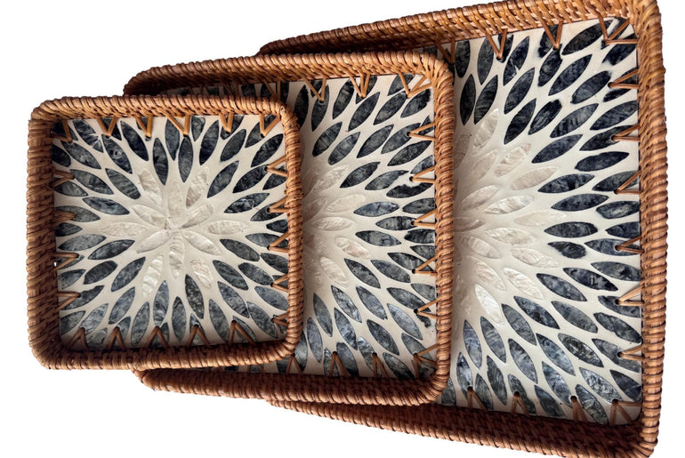 Square Rattan Tray with Mother of Pearl Inlay Base, Handmade Woven Serving Tray, Boho Coastal Coffee Table Decor