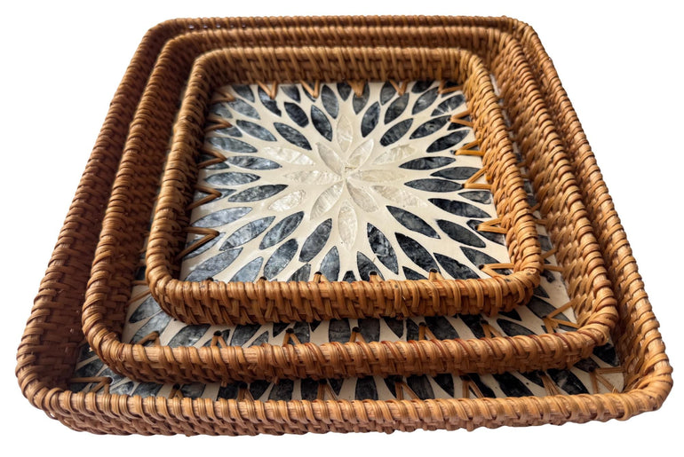 Square Rattan Tray with Mother of Pearl Inlay Base, Handmade Woven Serving Tray, Boho Coastal Coffee Table Decor