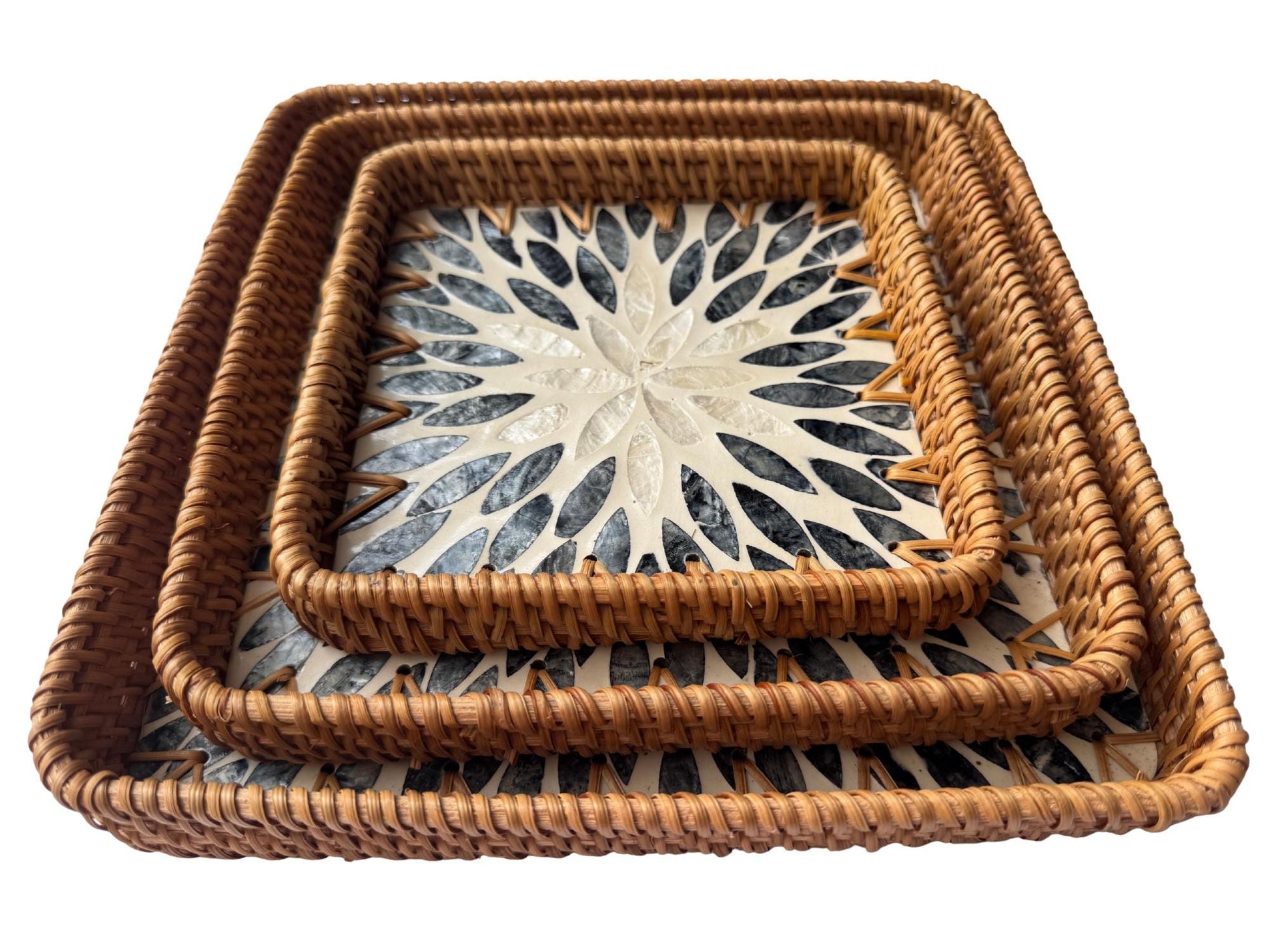 Square Rattan Tray with Mother of Pearl Inlay Base, Handmade Woven Serving Tray, Boho Coastal Coffee Table Decor