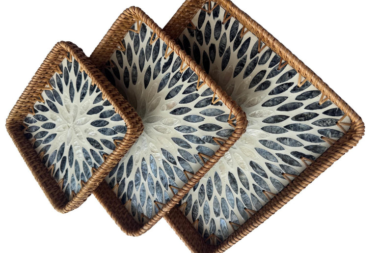 Square Rattan Tray with Mother of Pearl Inlay Base, Handmade Woven Serving Tray, Boho Coastal Coffee Table Decor