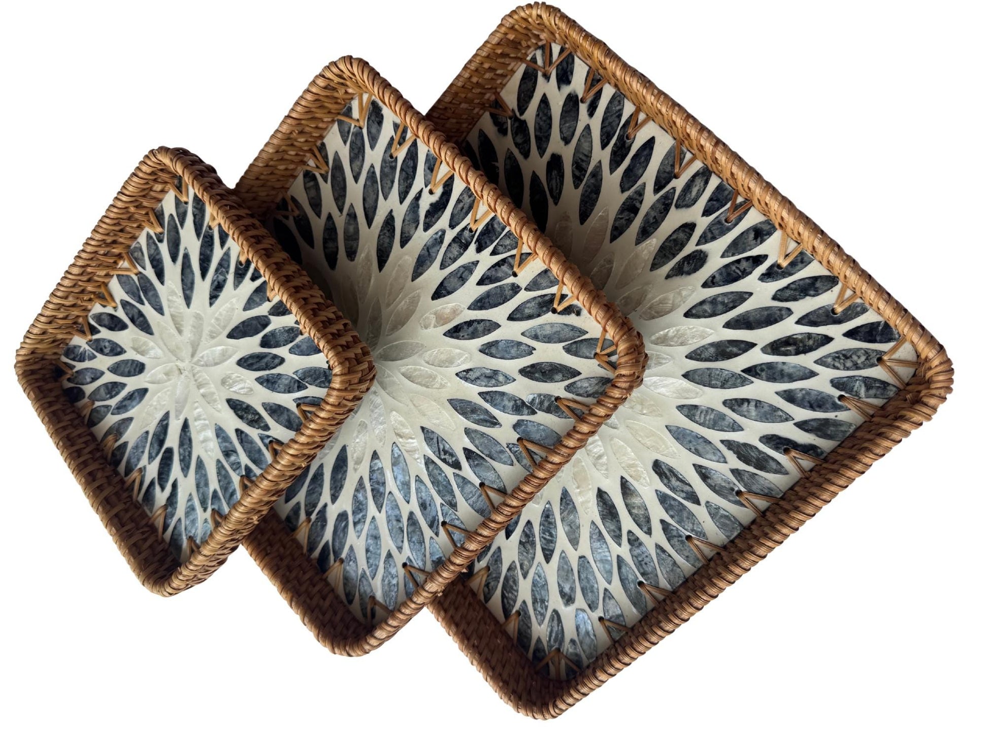 Square Rattan Tray with Mother of Pearl Inlay Base, Handmade Woven Serving Tray, Boho Coastal Coffee Table Decor
