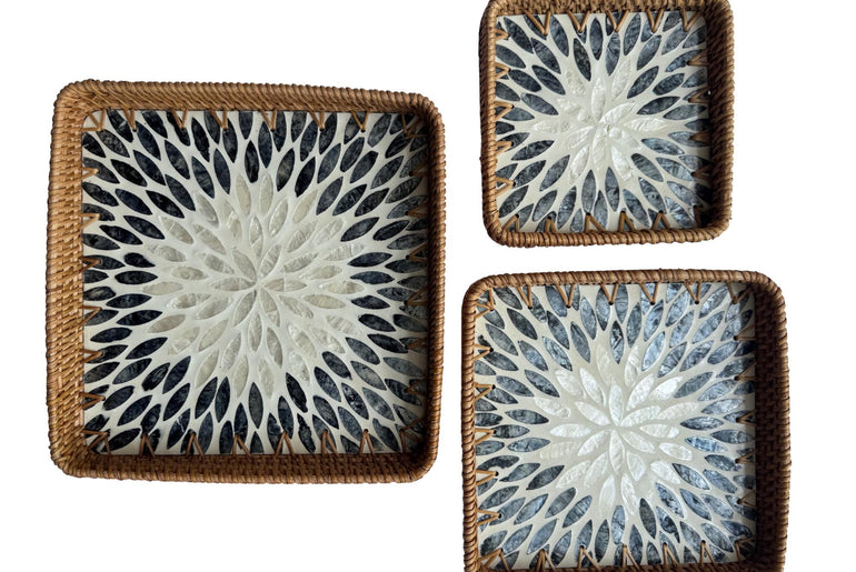 Square Rattan Tray with Mother of Pearl Inlay Base, Handmade Woven Serving Tray, Boho Coastal Coffee Table Decor