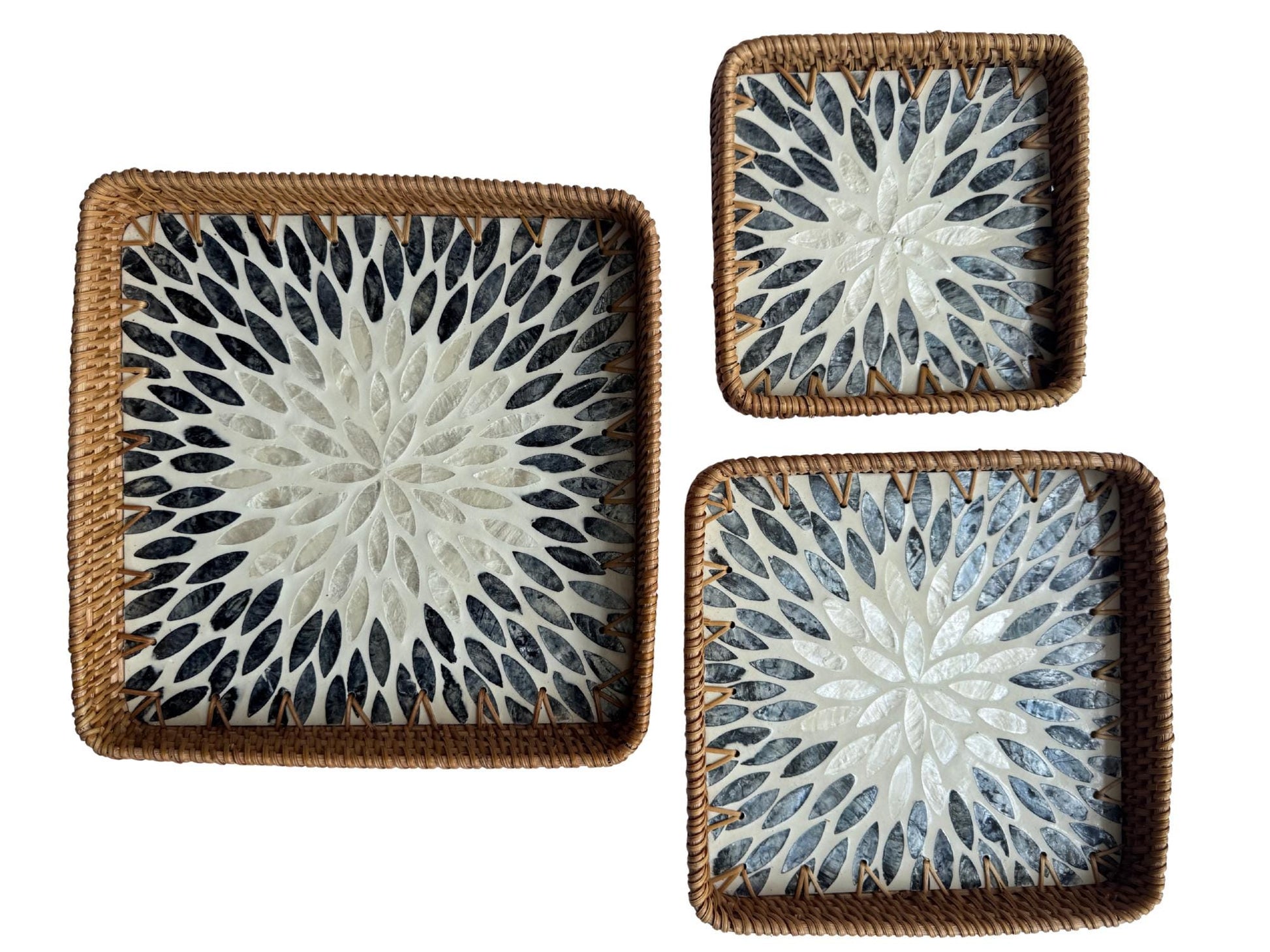 Square Rattan Tray with Mother of Pearl Inlay Base, Handmade Woven Serving Tray, Boho Coastal Coffee Table Decor